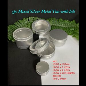 5pc Mixed Silver Tone Metal tins with lids