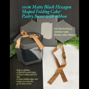 10cm Matte Black Hexagon Shaped Folding Cake/pastry boxes with ribbon