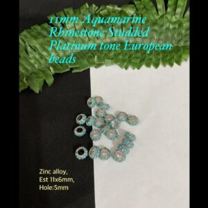 11mm Aquamarine Rhinestone Studded Platinum tone European beads