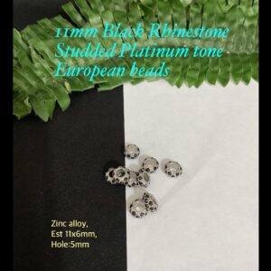 11mm Black Rhinestone Studded Platinum tone European beads