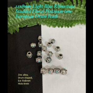 11x8mm Light Blue Rhinestone Studded Floral Platinum tone European Drum beads
