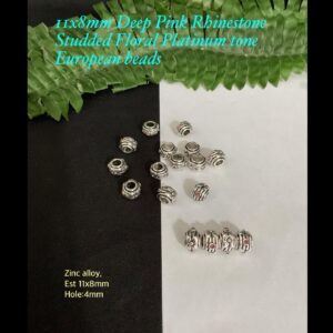 11x8mm Deep Pink Rhinestone Studded Floral Platinum tone European beads