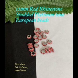 11mm Red Rhinestone Studded Platinum tone European beads