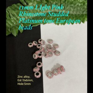 11mm Light Pink Rhinestone Studded Platinum tone European beads