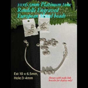 10x6.5mm Platinum tone Rondelle Engraved European Metal beads (6pcs)