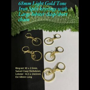 68mm Light Gold tone iron split keyrings with Large Lobster clasp & short chain