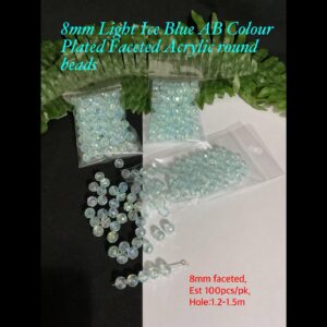 8mm Light Ice Blue AB Colour Plated Faceted Acrylic Round beads (est 100pcs)